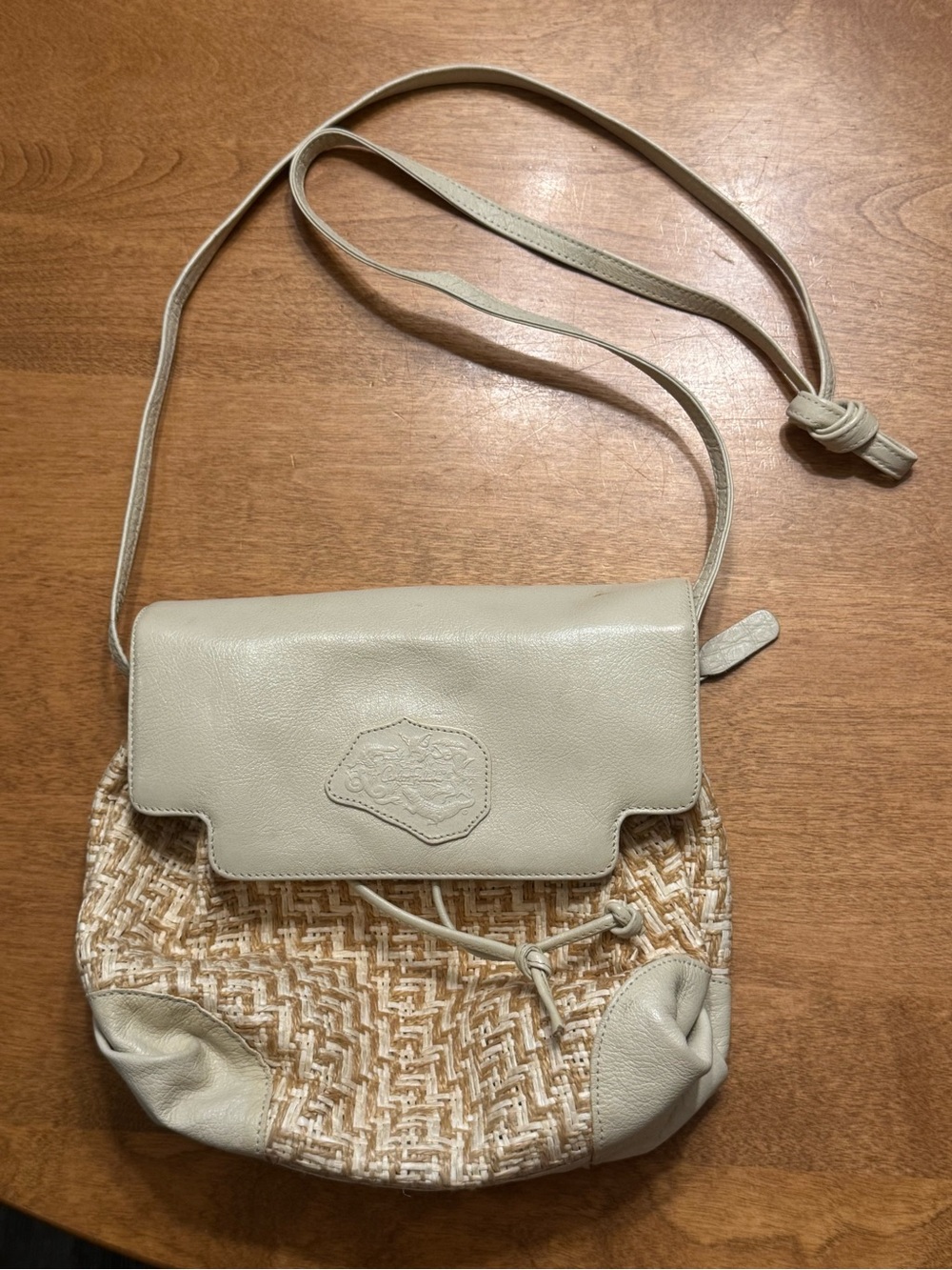 Vintage Carlos Falchi Cream Leather & Natural Woven Crossbody Bag